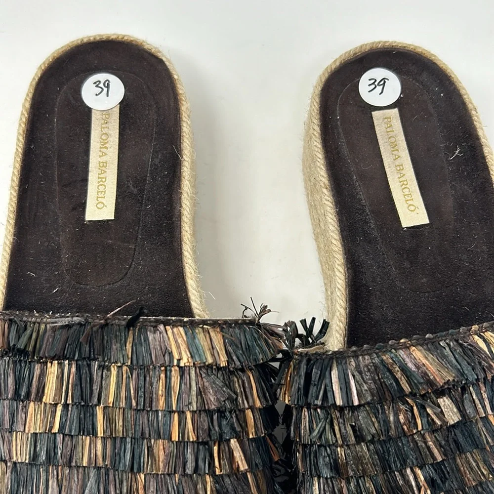 Paloma Barcelo Brown Raffia Espadrille Slip On Slide Platform Sandals EU Size 39